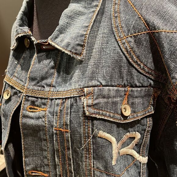 Rocawear lightly distressed embroidered back logo contrasting front denim jacket - Picture 2 of 9